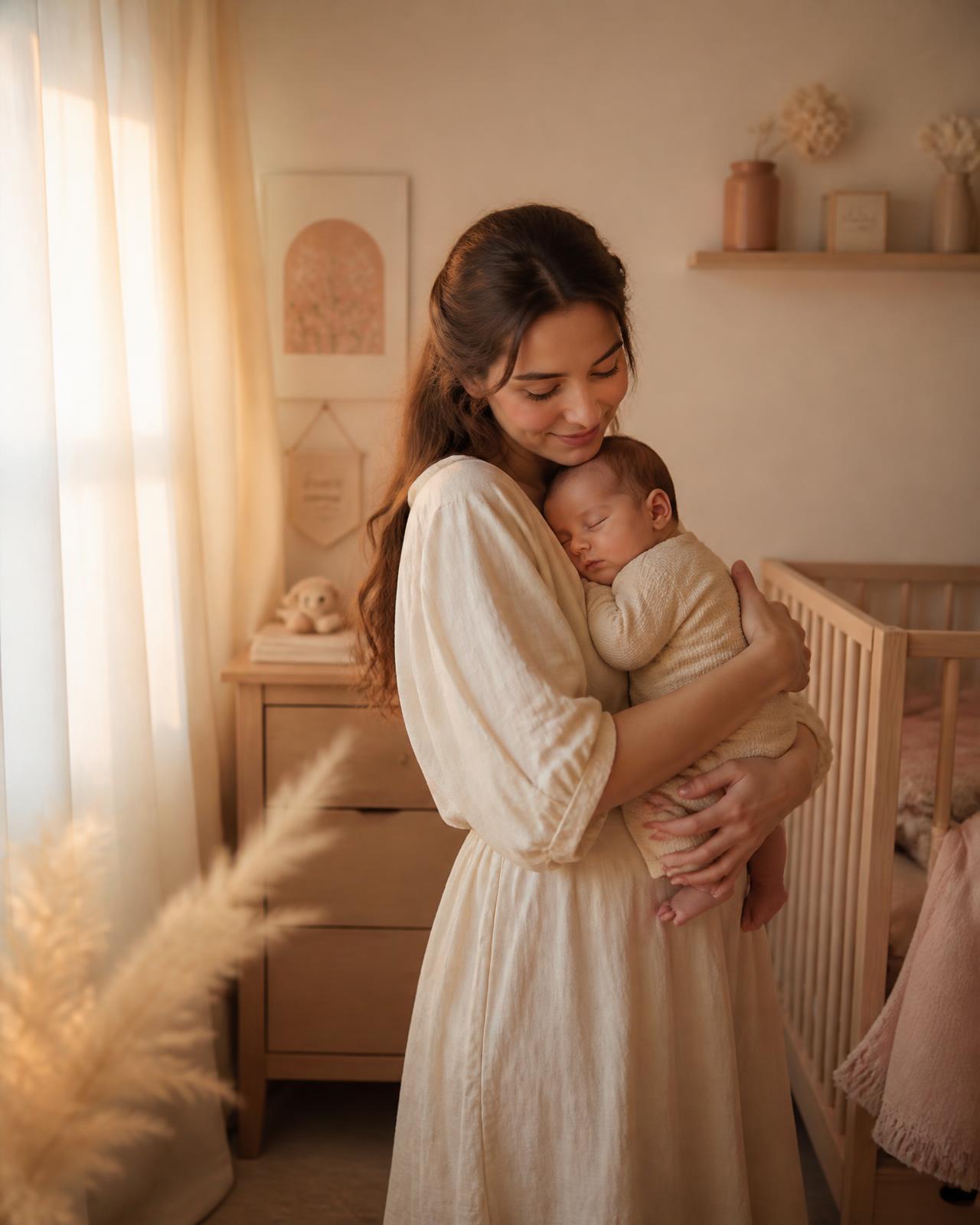 Mãe segurando seu bebê adormecido em um quarto tranquilo e aconchegante